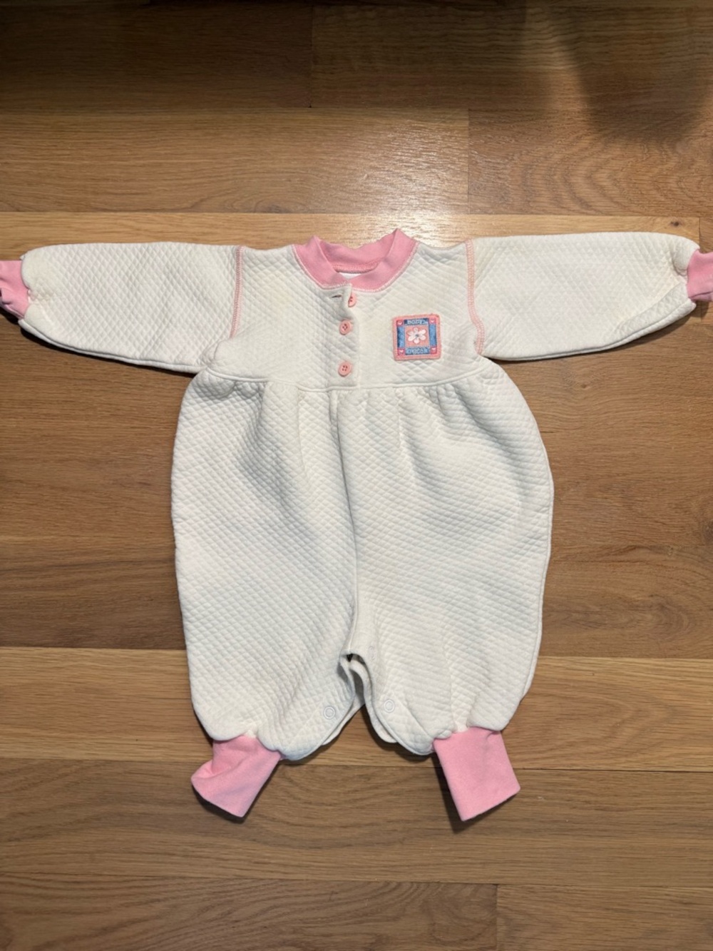 Vintage OshKosh B’gosh Baby Quilted One-Piece Footie with Pink Trim